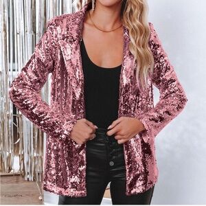 Women's Pink Sequin Blazer Women's Sequin Jackets Open Front Blazer Jacket Casua